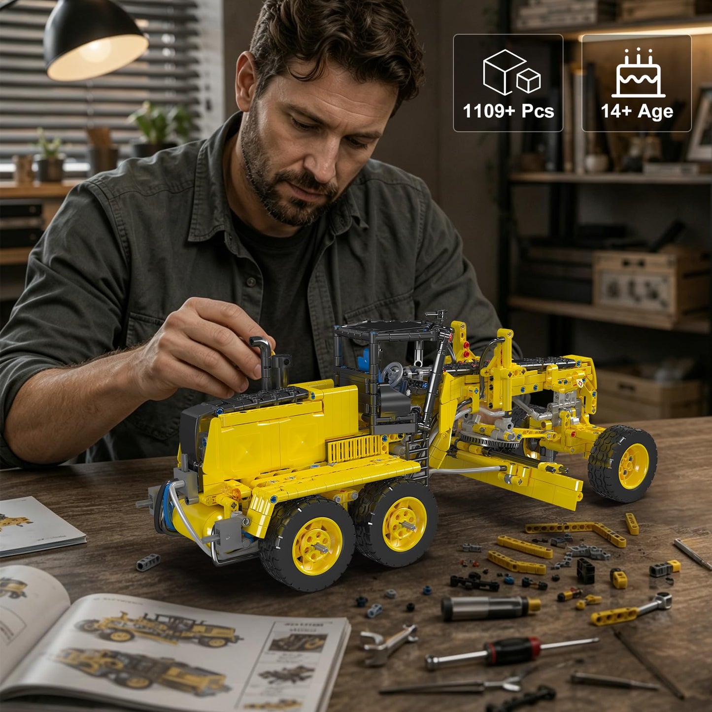Mould King 19023 Motor Grader Building Set, 1109 PCS Road Grader Construction Vehicle Model Kit, 1:14 Scale Construction Heavy Equipment for Adults