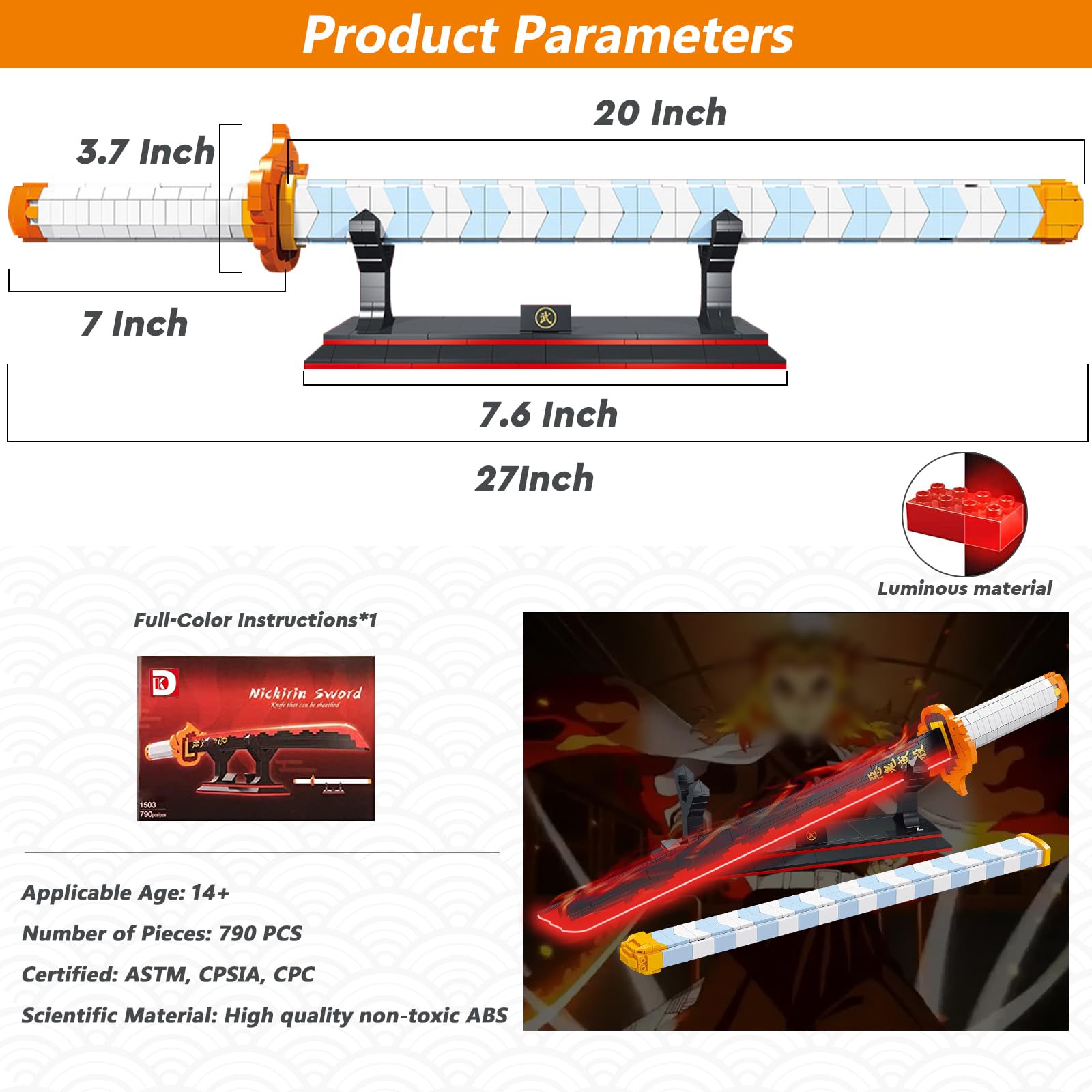 HIGH GODO Demon Anime Sword Building Set, 27in Rengoku Kyoujurou Sword Building Block with Scabbard and Stand, Cosplay Anime Sword Set for Adults