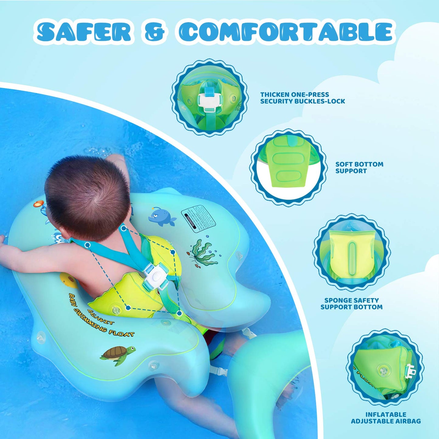 No Flip Over Baby Pool Float with Canopy UPF50+ Sun Protection, Sponge Safety Support Bottom, Fun Gifts Water Toys Accessories Inflatable Baby Swim