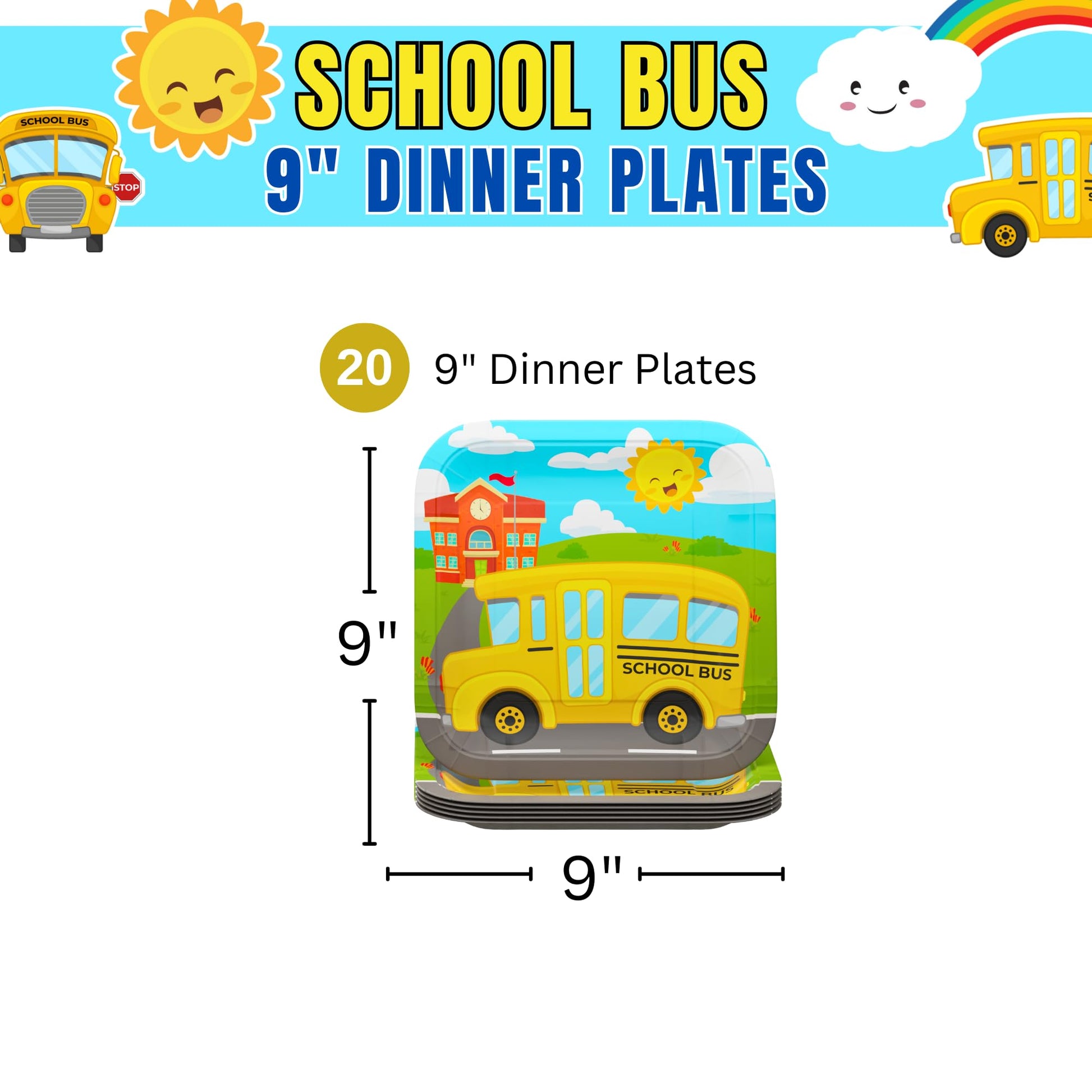 Blue Orchards School Bus Dinner Plates (Pack of 20) - Party Supplies, Birthday Plates, School Graduation Decorations, Transportation Party