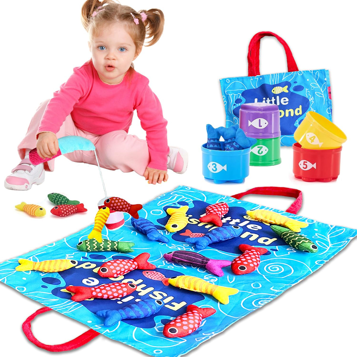 ZCMFHTD Montessori Toys for 1 Year Old, 22PCS Cloth Fishing Game with Stacking Cups Sensory Baby Toys 6-12 Months,Toddler Education Learning Toys