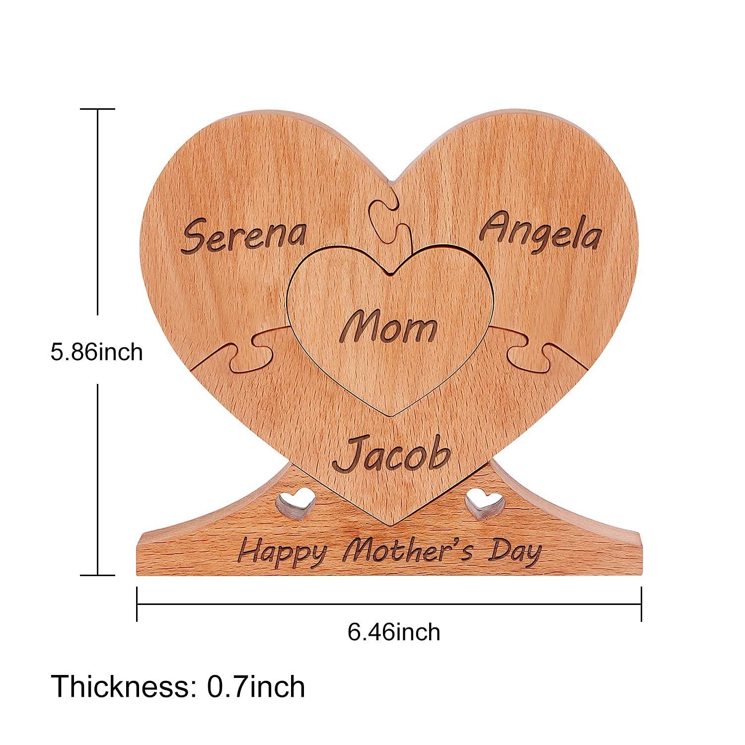 Custom Wooden Name Heart Puzzle, Personalized Art Text with 1-8 Family Name Heart Puzzle, Perfects Home Decoration Mother's Day Birthday Gifts for Mom