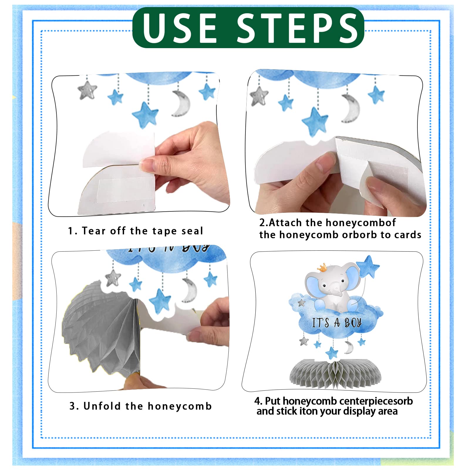 9 Pcs Elephant Baby Shower Honeycomb Centerpieces Party Decor for Boys,Cute Blue Elephant Honeycomb Balloons Star Moon Topper 3D Table Decoration