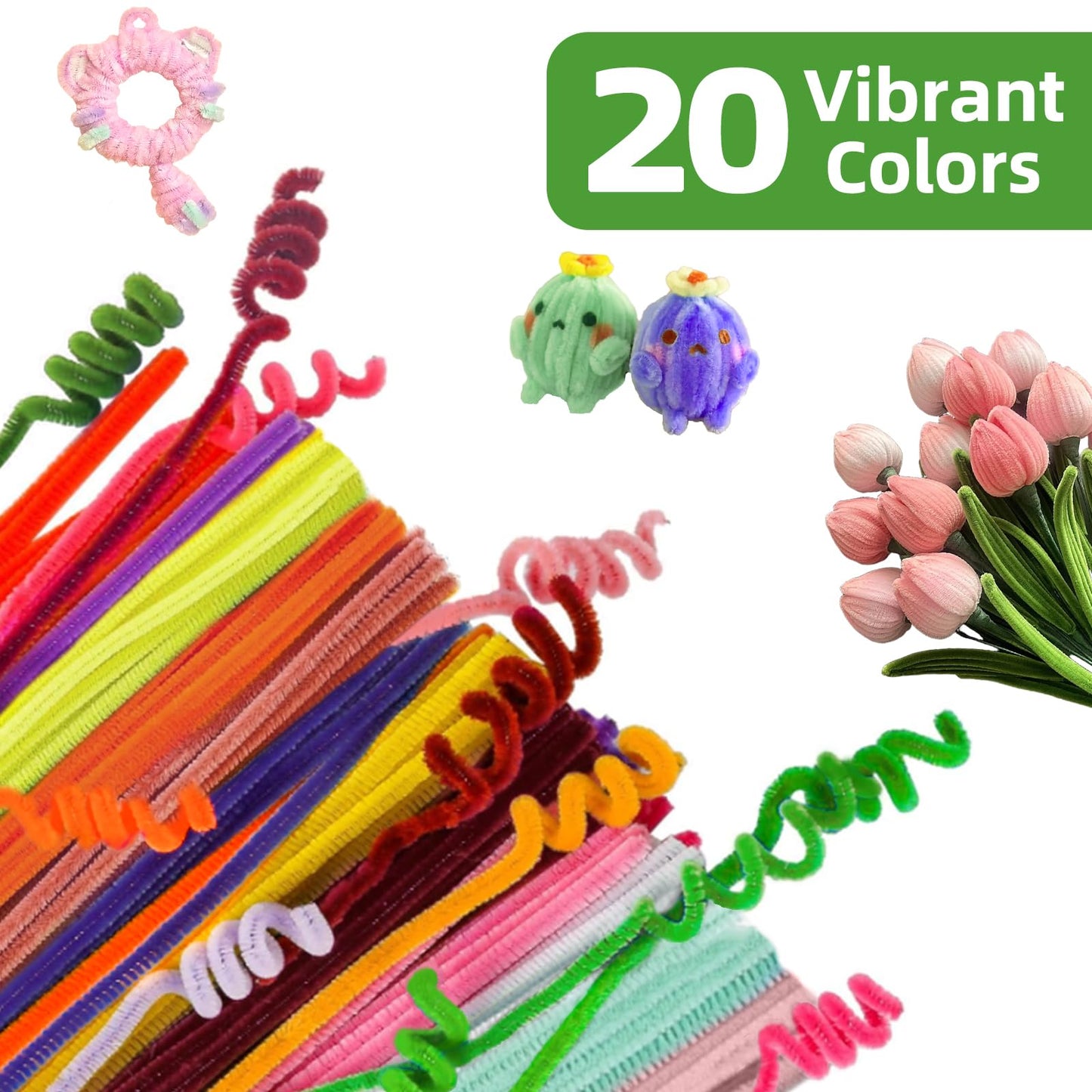 Pipe Cleaner Craft Kit for DIY Flower Animal,200 Pcs Multi-Color Chenille Stems Flower Craft Kits for Creative Arts with 2 Floral Papers,1 Meter