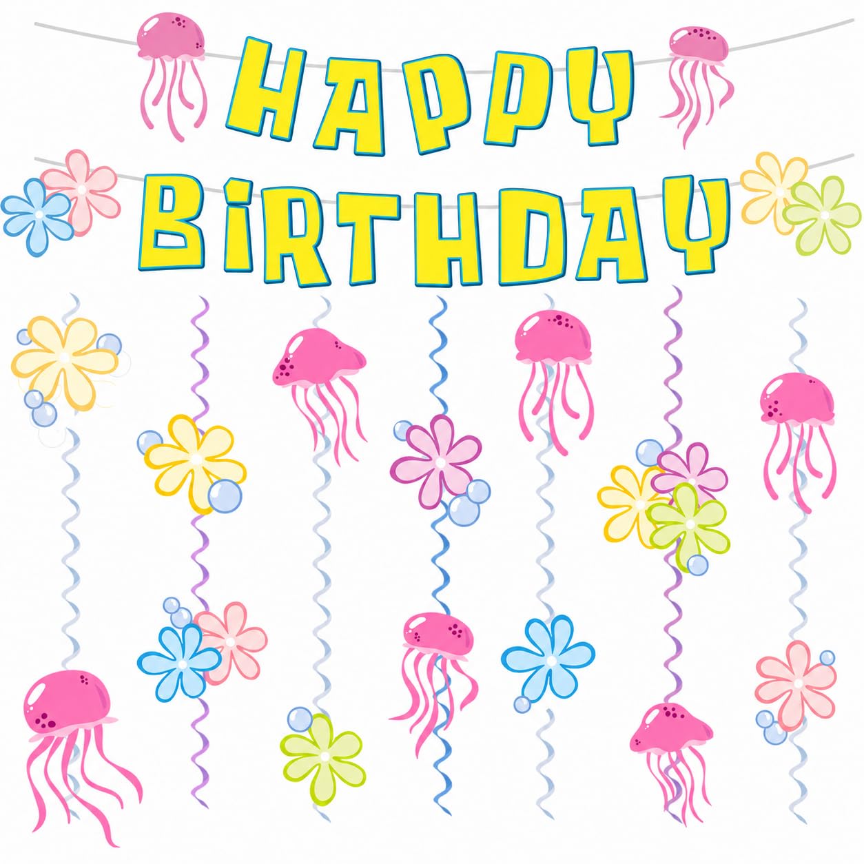 Ocean Carton Happy Birthday Banner Under The Sea Jelly Fish Hanging Swirls Garlands Sea Animals Hanging Banner for Birthday Party Decorations Supplies