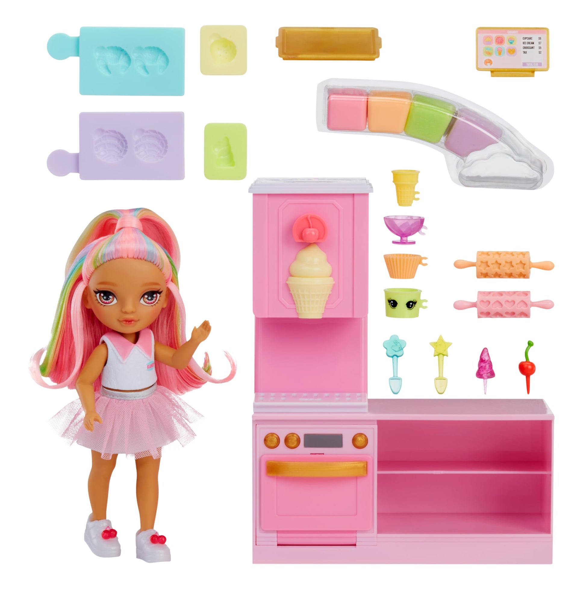 Rainbow High Littles Dessert Shop Playset + Small Doll (Pink 5.5”), Make Ice Cream and Sweets, Kids Gift 4+