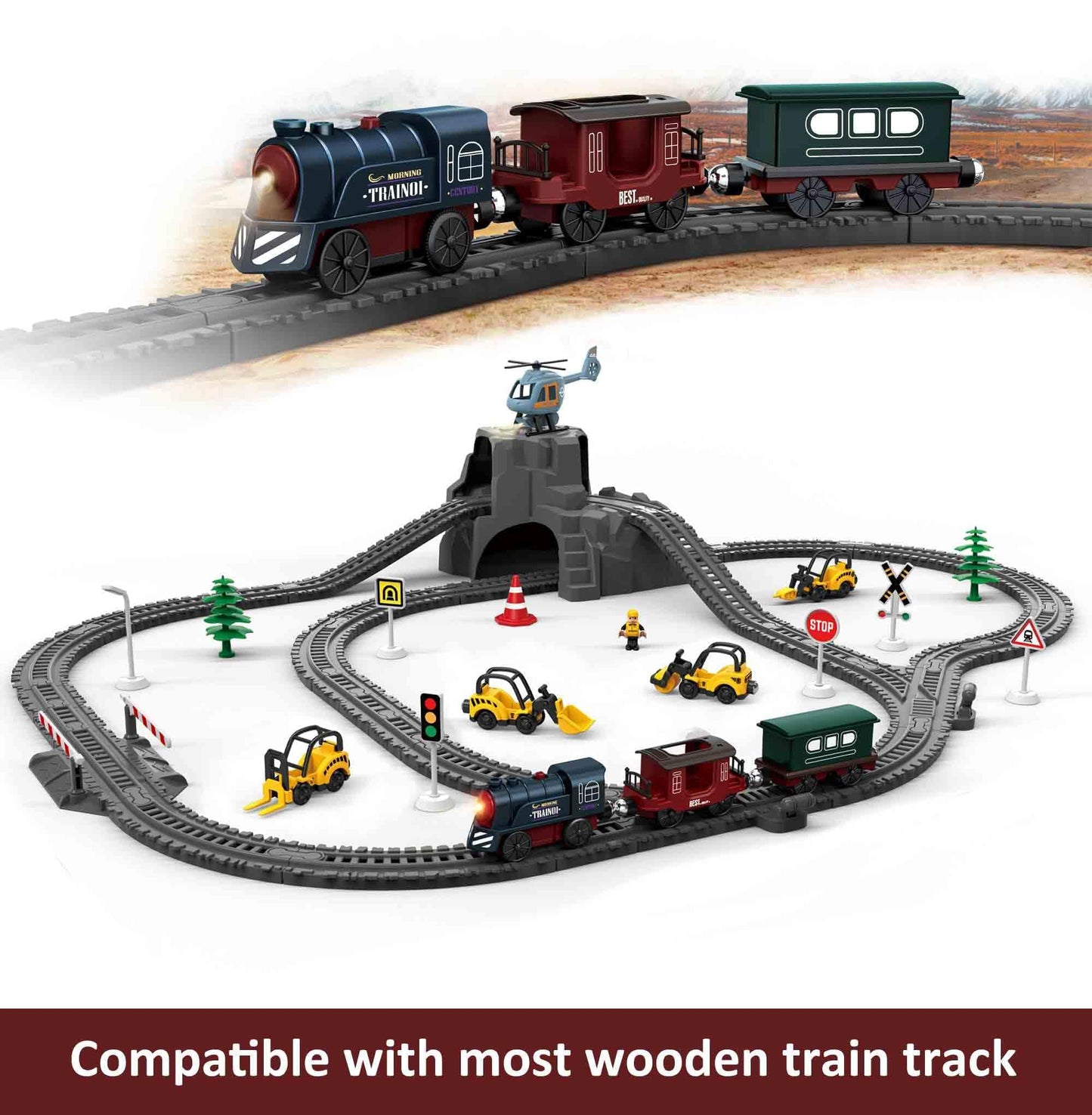 Battery Operated Train for Wooden Track, 3Pcs Motorized Train Toy for 3 4 5+Years Old Boy Girl Toddlers, Electric Trains Compatible with Thomas