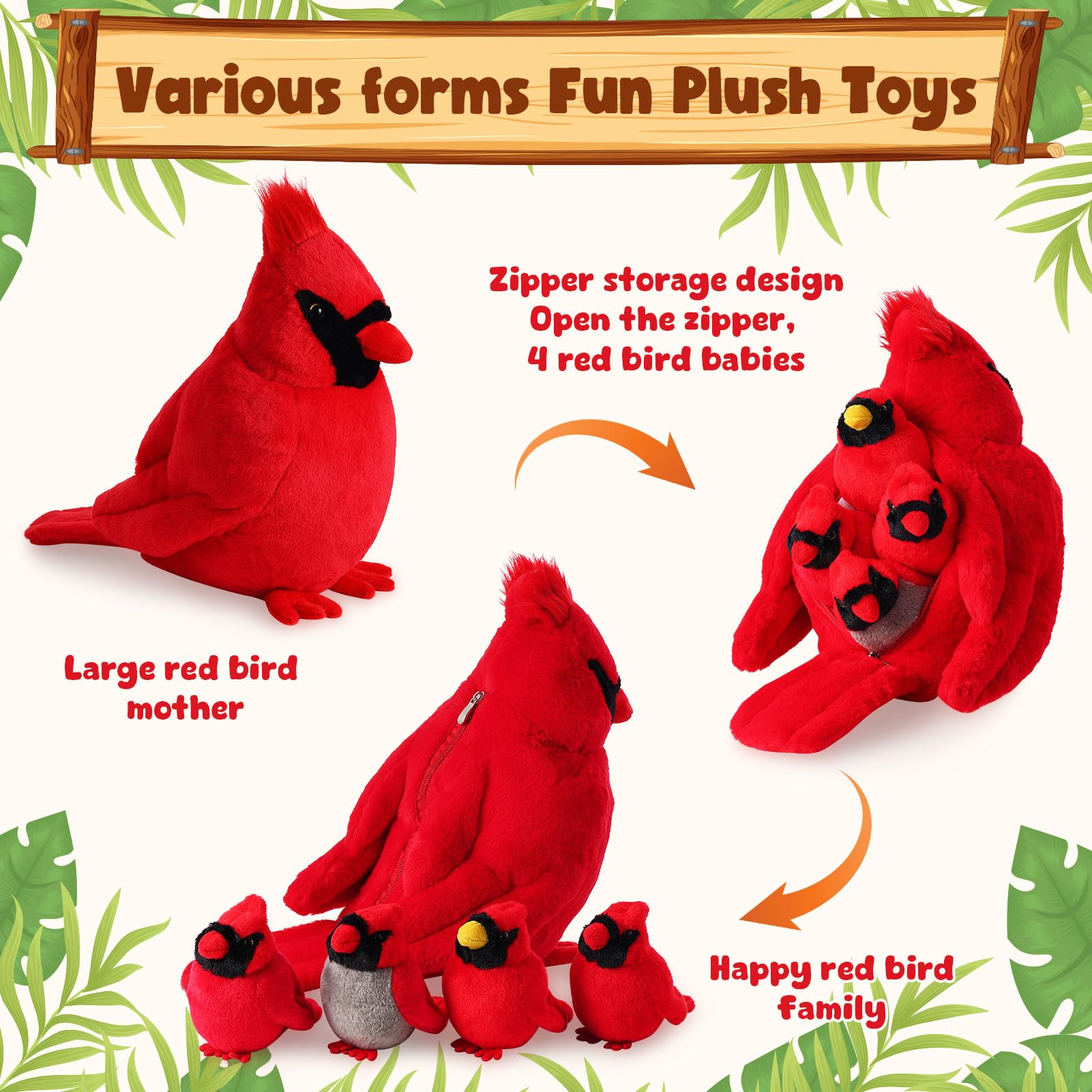 ZJoey 5 Pcs Northern Cardinal Plush Mommy Stuffed Animal with Baby Plush Red Bird Soft for Christmas Girls Birthday Xmas Bedtime Gift Chair Bolster
