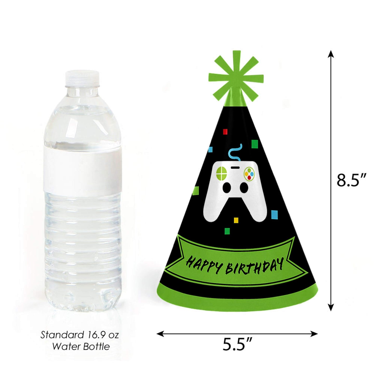 Big Dot of Happiness Video Game - Pixel Game Zone Cone Happy Birthday Party Hats for Kids and Adults - Set of 8 (Standard Size)