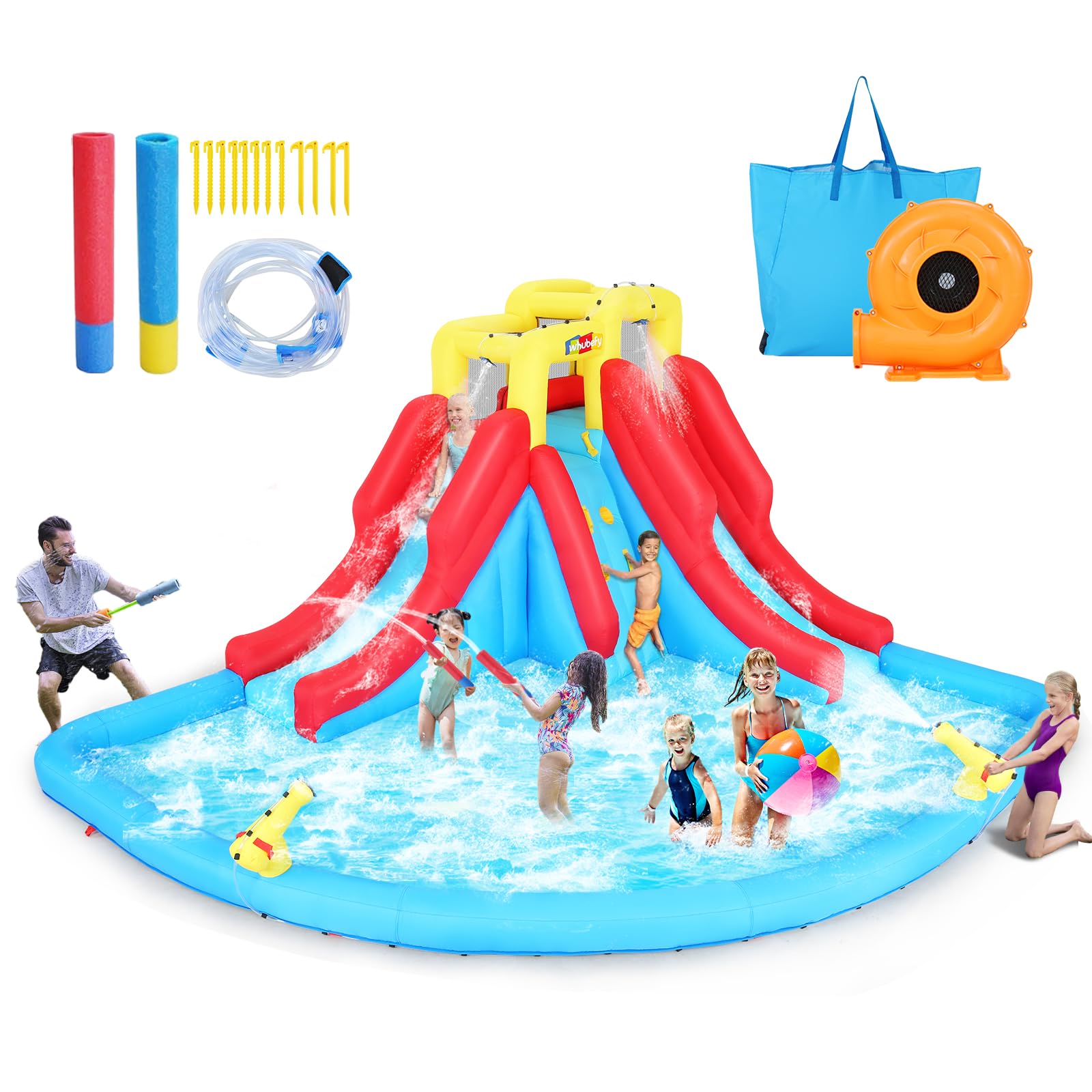 Whubefy 14.5x12.7ft Inflatable Water Slide 10 in 1 Kids Water Park Bounce House With 2 Water Slide, Top Sprayers, Climb Wall, Splash Pool, Blow up