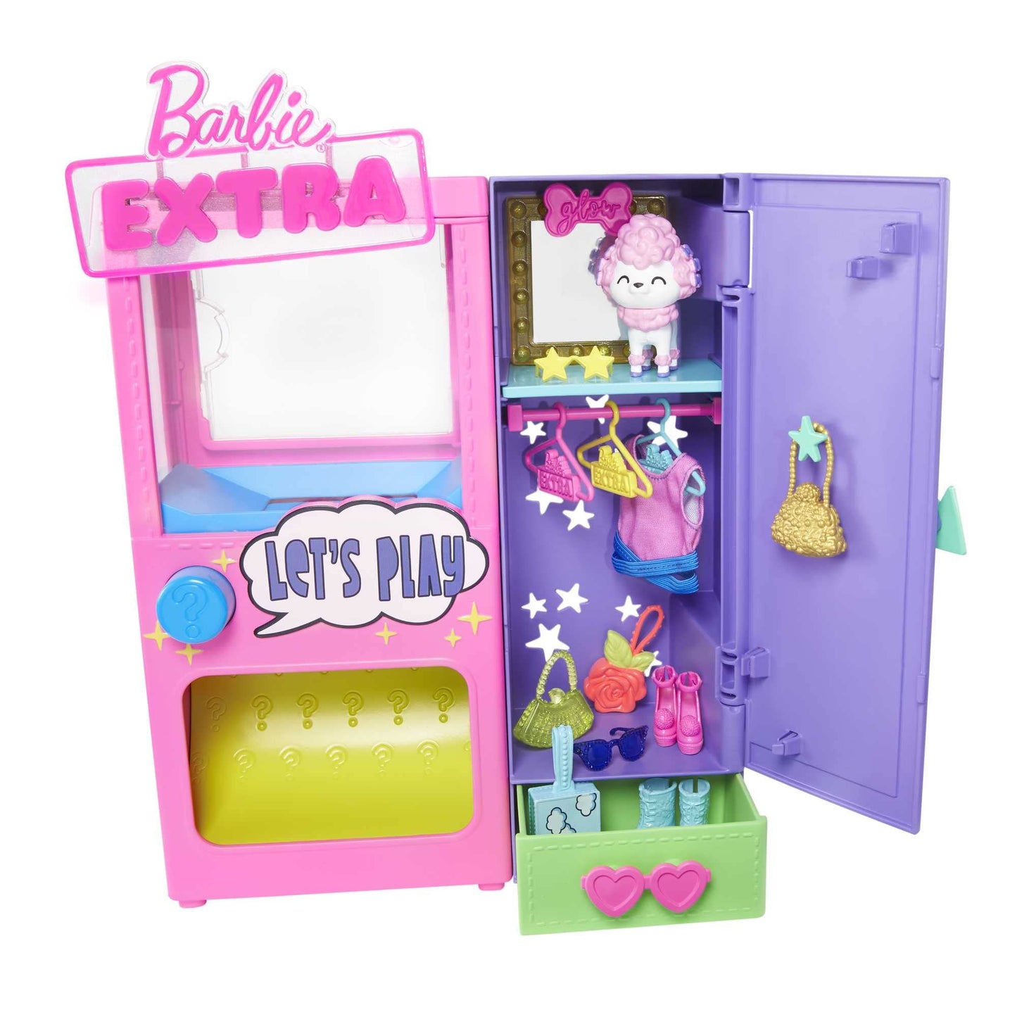 Barbie Extra Surprise Fashion Playset with 20 Pieces Including Pet Poodle, Closet and Push-Button Feature That Dispenses Fashion Accessories, Gift