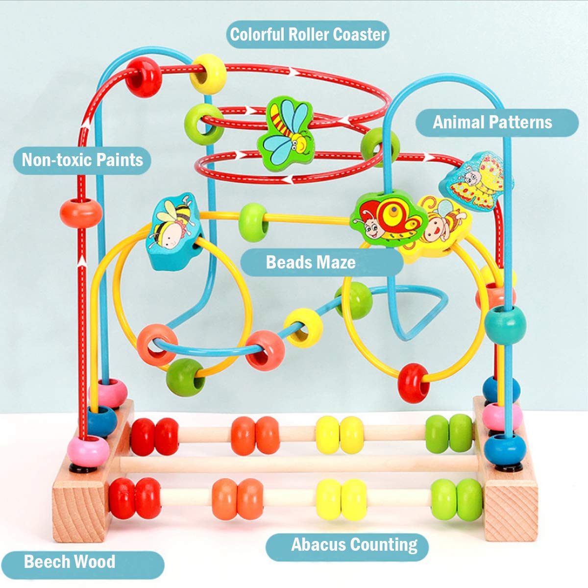 Joqutoys Bead Maze Toy for 1 2 3 Year Old Kids, Wooden Colorful Roller Coaster Circle Toys, Early Educational Toys for Toddlers, First Birthday Gifts