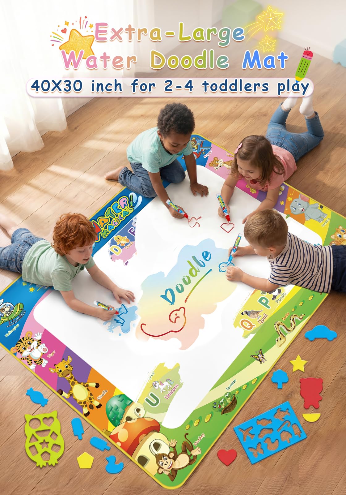 Wedopro Water Doodle Mat 40x30 - Mess-Free Toddler Toys for Ages 3-7 with 27 Pcs | Reusable Water Reveal Educational Drawing Mat for Kids with 24 ABC