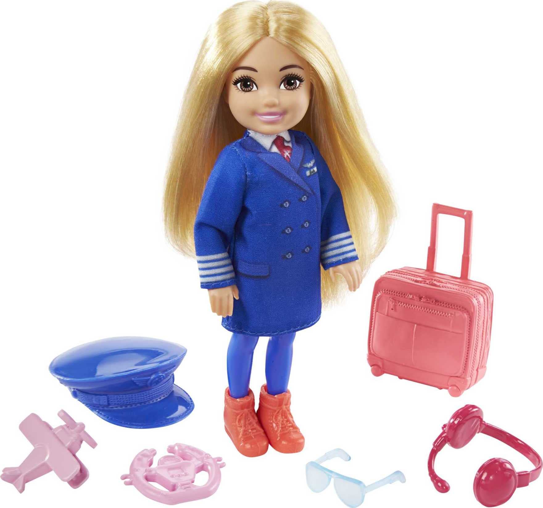 Barbie Chelsea Can Be Playset with Blonde Chelsea Pilot Doll (6-in), Luggage, Headset, Cockpit Wheel, Mini Plane, Glasses, for Ages 3 Years Old & Up