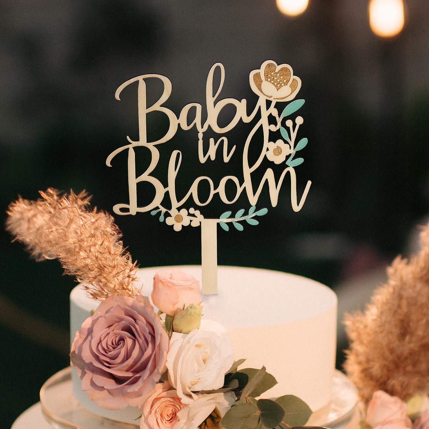 ZOUYEE Baby in Bloom Cake Topper for Baby Shower Decorations - Rustic Wooden Boho Floral Wreath Sign - Neutral Gender Reveal & Pregnancy Announcement