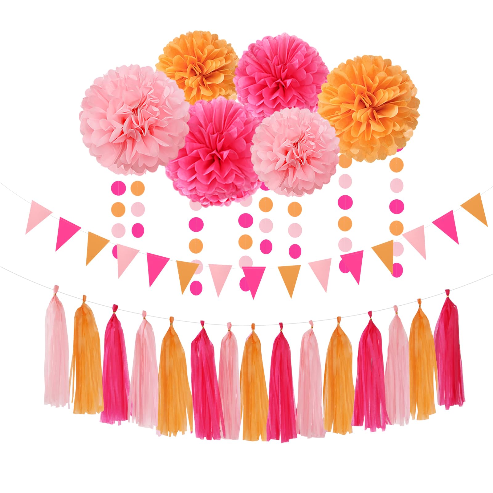 Hot-Pink Burnt-Orange Fall Party Decorations - 23pcs Birthday Baby Shower Tissue Pom Poms Streamers,Sunset Autumn Thanksgiving Tassel Garland