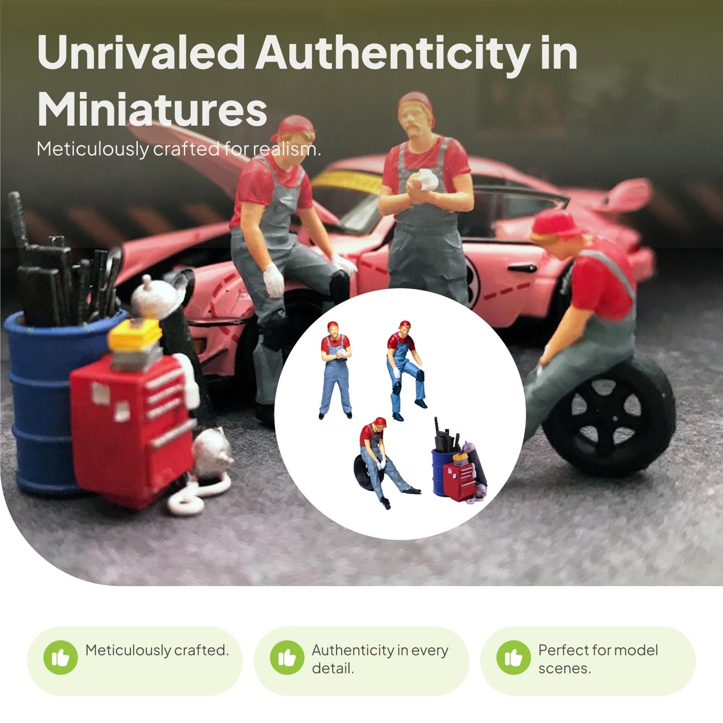 Yiju 1/64 Scale Hand Painted Repairman Figurines, Resin Miniature People for Diorama and Car Model Scenes, Red A (3 Figurines + Toolbox)