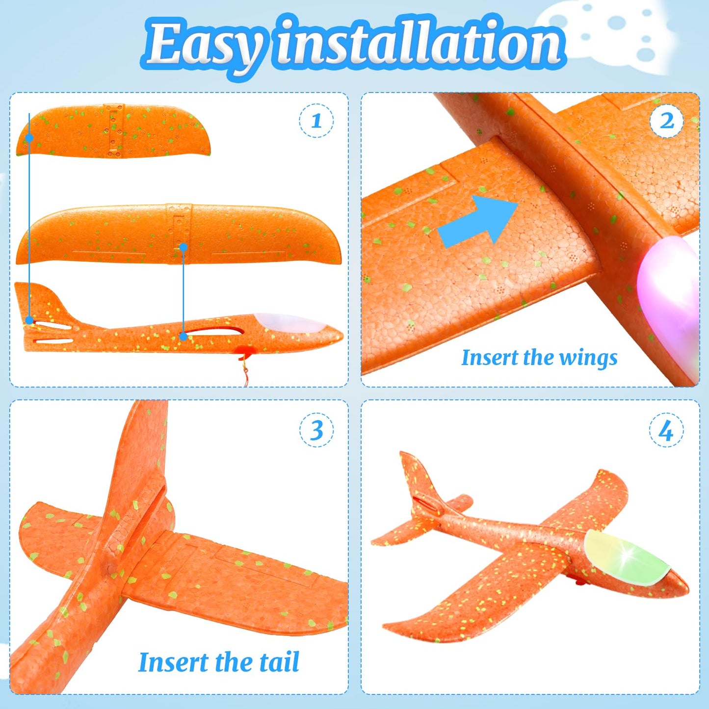 PUREZON LED Foam Airplanes, 4 Pack, 17 Inch, 4 Colors
