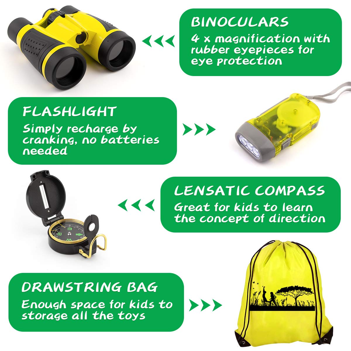 24 Pcs Kids Explorer Kit & Bug Catcher Kit for Kids, Outdoor Toys Adventure Camping Kit with Drawstring Bag, Binoculars, Compass, Butterfly Net