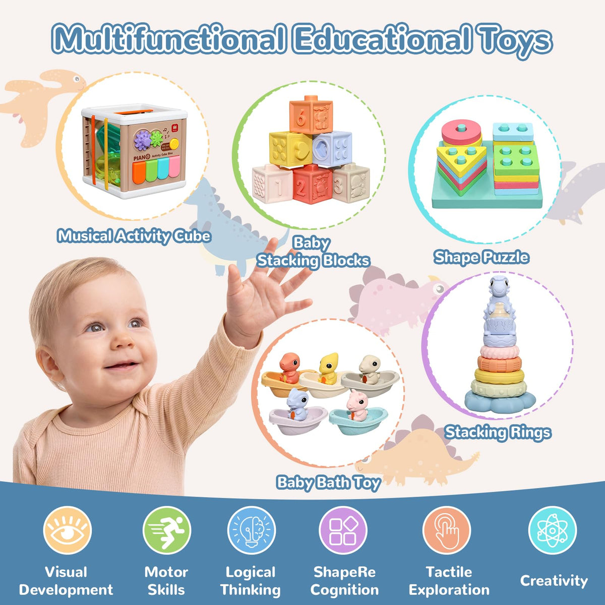 BFALSHB Baby Montessori Toys 6-12 Months, 5 in 1 Sensory Learning Set with Stacking Blocks, Shape Sorter, Bath Toys, Activity Cube, Dinosaur Stacker