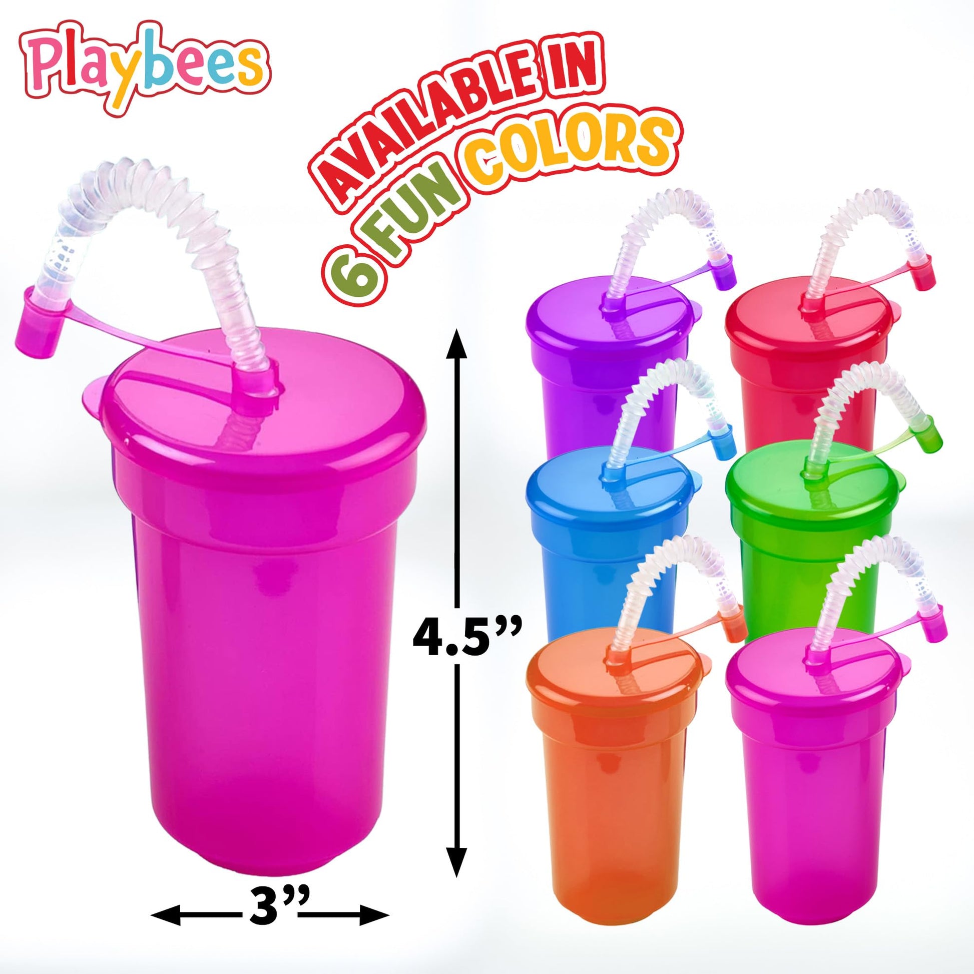 Playbees 12 Pack Neon Sipper Cups - 6 Oz. - Colorful, Spill-Proof Cups with Lids and Straws - Ideal for School Events, Themed Parties, and Birthday