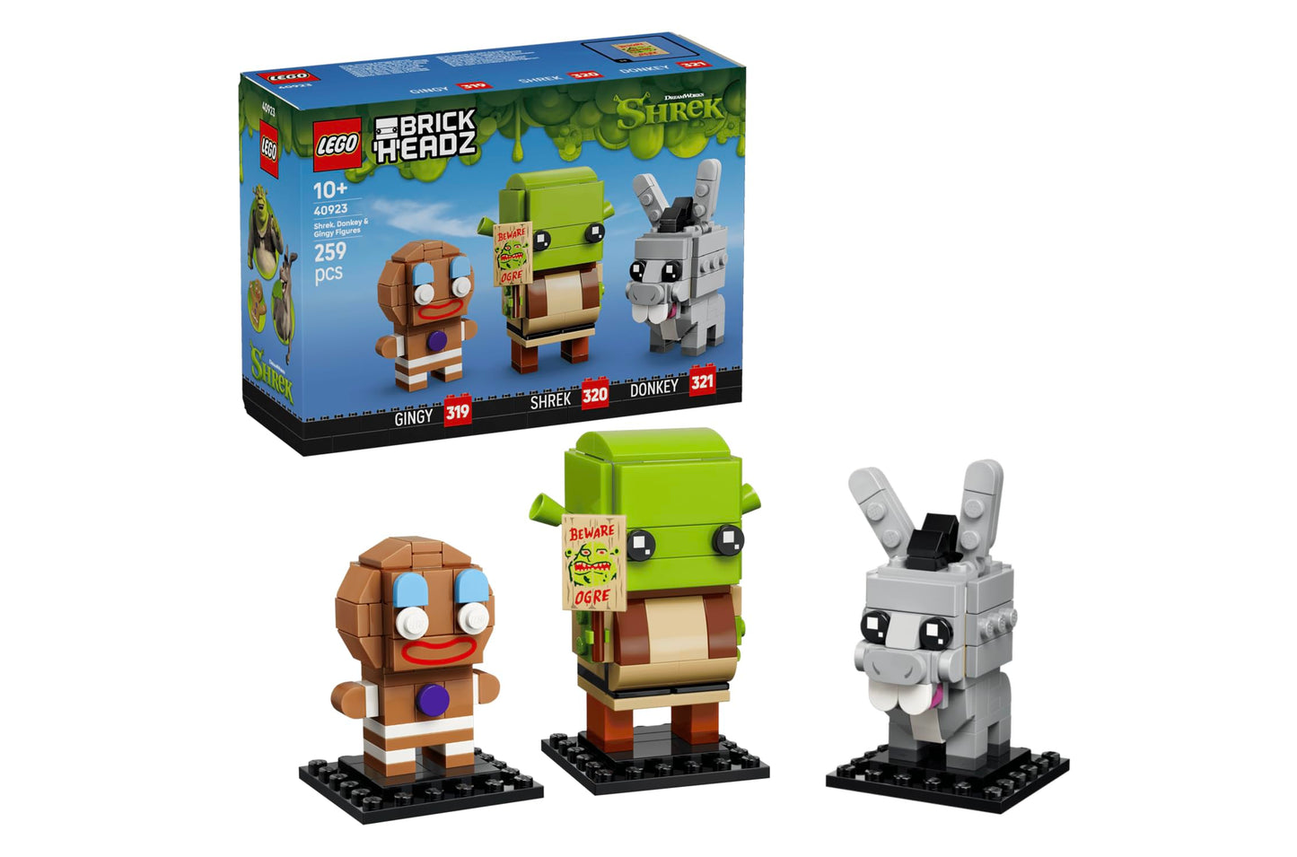 LEGO BrickHeadz Shrek Donkey & Gingy Figures Set #40923 - 260 Pieces, 3 Collectible DreamWorks Characters incl. Shrek's Beware Ogre Sign | Ages 10+ |
