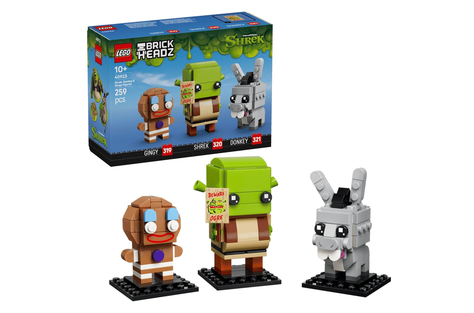 LEGO BrickHeadz Shrek Donkey & Gingy Figures Set #40923 - 260 Pieces, 3 Collectible DreamWorks Characters incl. Shrek's Beware Ogre Sign | Ages 10+ |