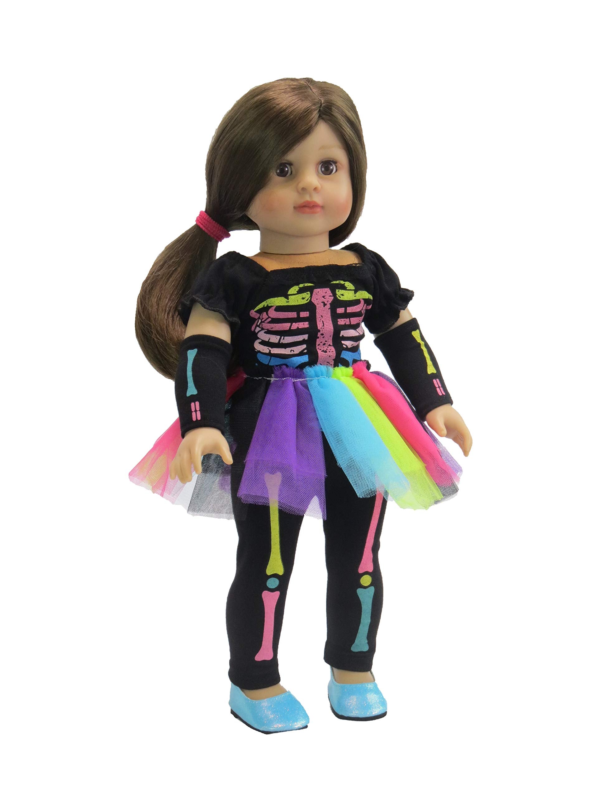 American Fashion World Electric Neon Skeleton Halloween Costume for 18-inch Dolls| Premium Quality & Trendy Design | Dolls Clothes | Outfit Fashions