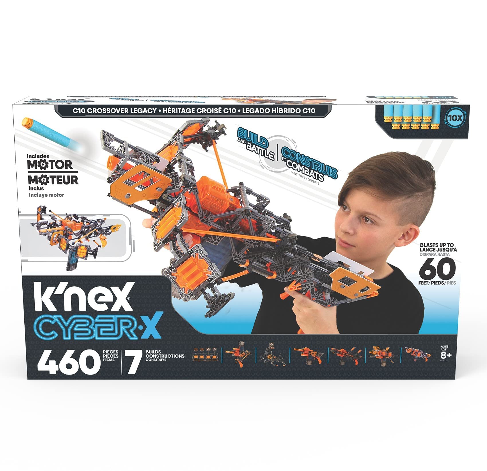 K'NEX Cyber-X C10 Crossover Legacy with Motor - Blasts up to 60 ft - 460 Pieces, 7 Builds, Targets, 10 Darts - Great Gift Kids 8+, includes 460 K'NEX