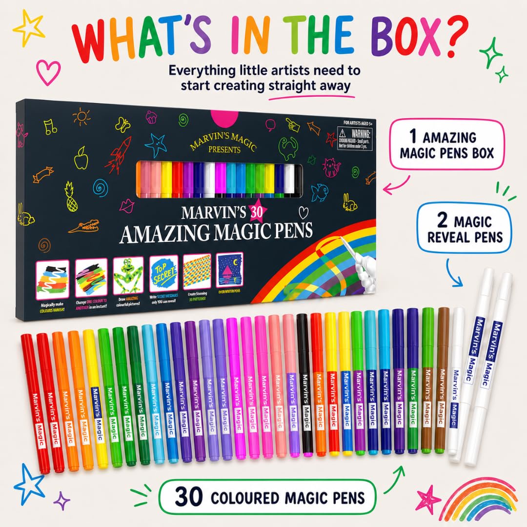 Marvin's Magic - 30 Amazing Magic Pens - Color Changing Pen Art - Create 3D Lettering, Write Secret Messages - Stationery Supplies, Art Supplies