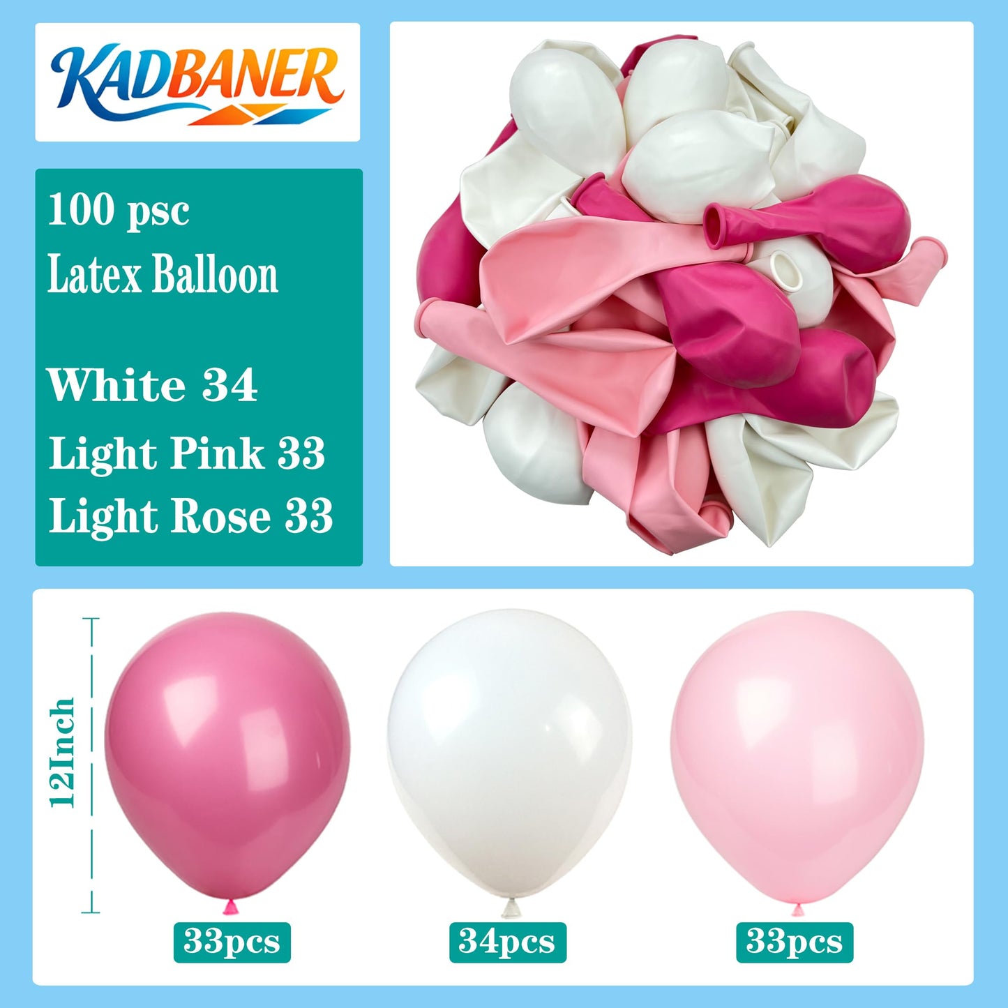 KADBANER White light pink rose red Latex Balloons,100 Pack 12 Inch