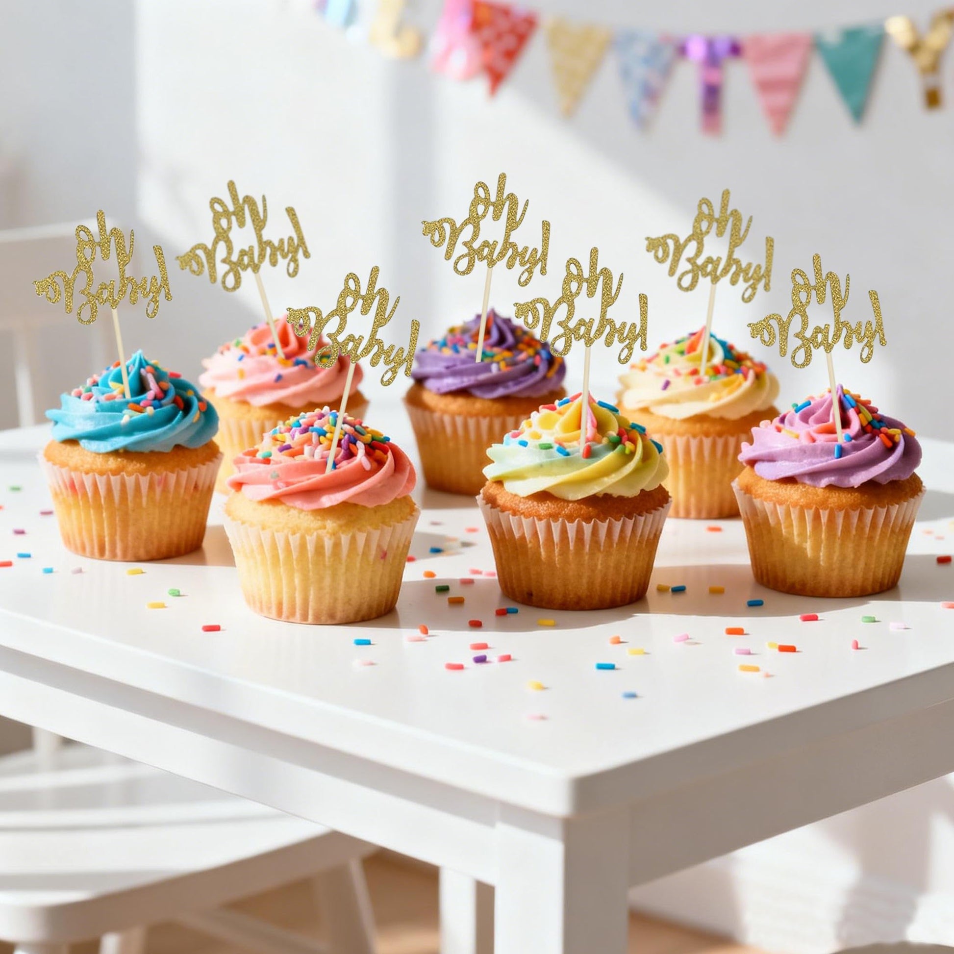 24 Gold Glitter Cake Cupcake Toppers Picks for Wedding Birthday Baby Shower Party Decorations