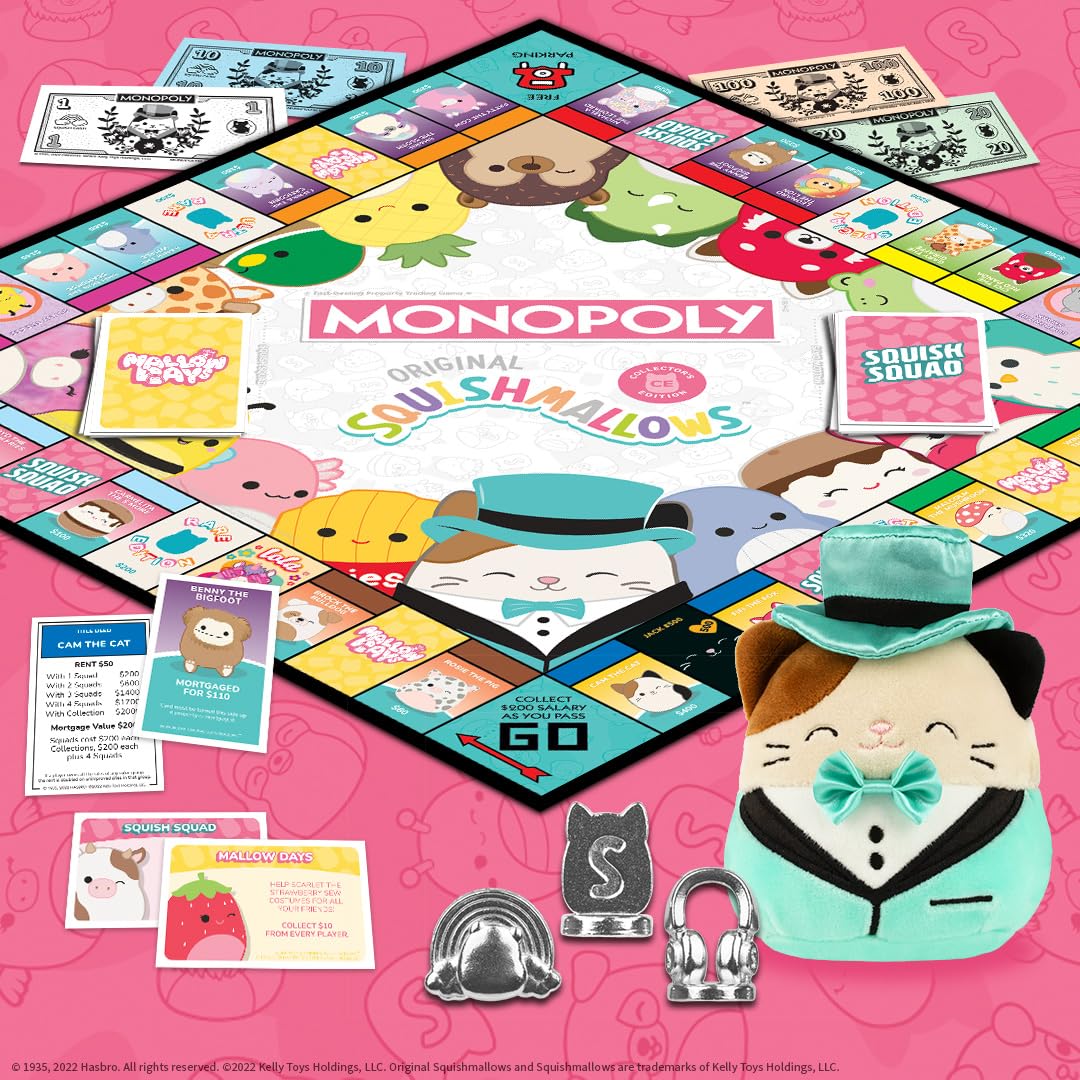 Monopoly: Squishmallows Collector’s Edition Board Game, Exclusive Cam the Cat Plush Included, Buy, Sell, & Trade Spaces Featuring Iconic Characters