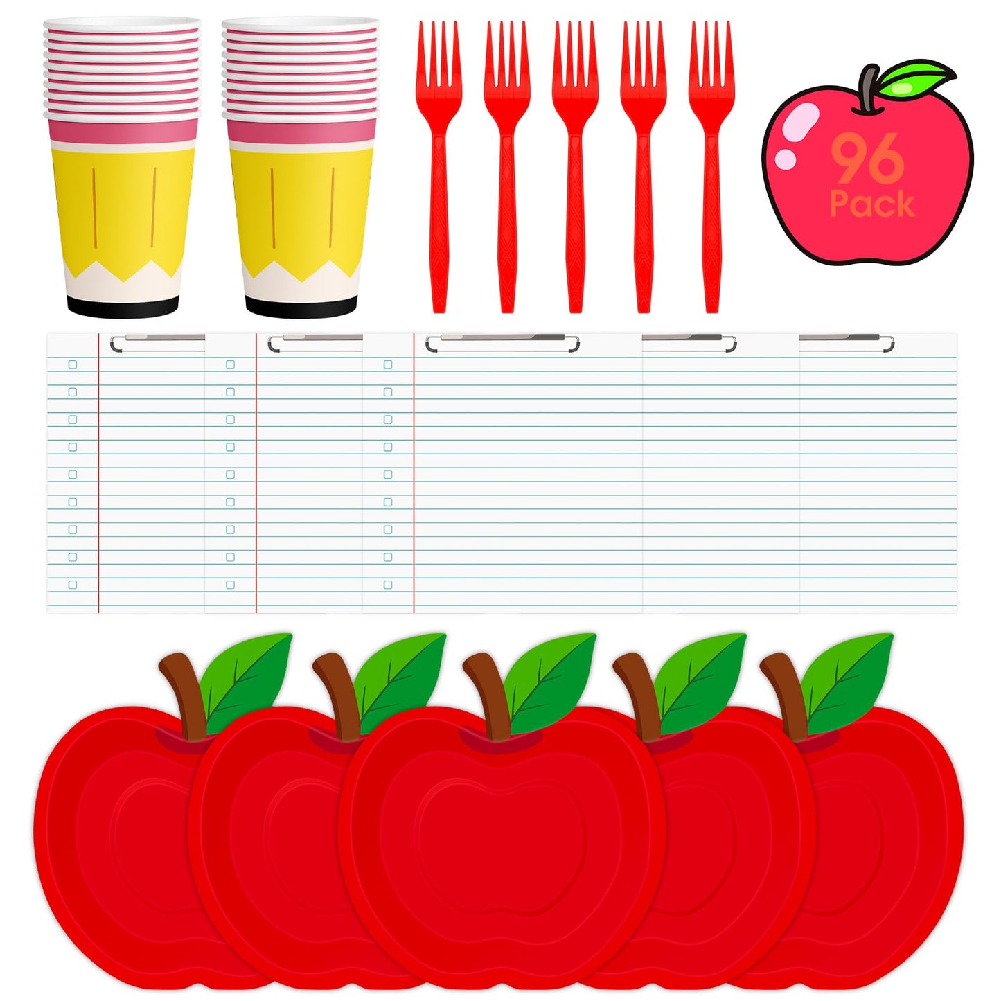 96 Pcs Back to School Plates and Napkins Set - Apple Disposable Tableware Kit, including Paper Plates, Napkins, Cups and Forks for All Grades First
