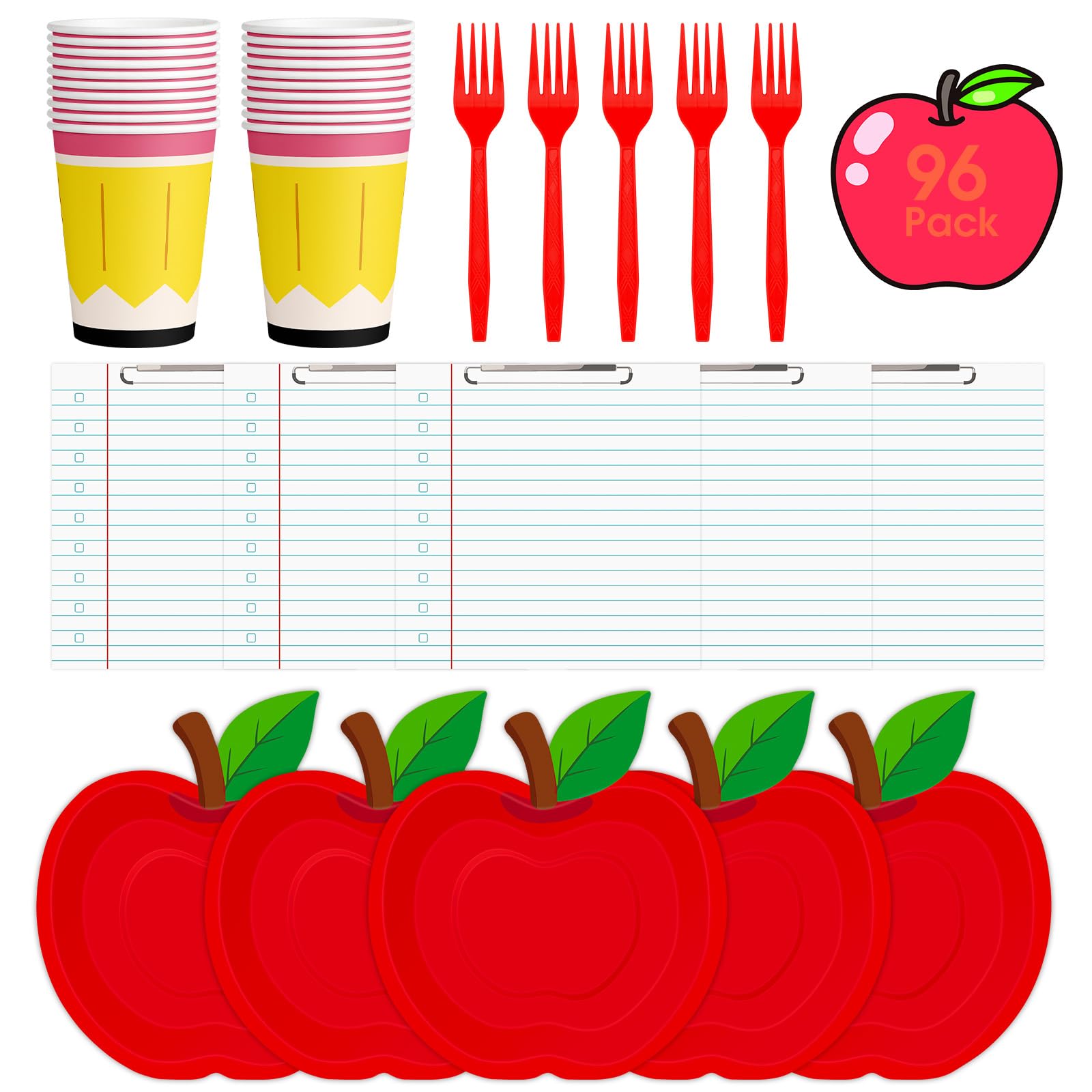 96 Pcs Back to School Plates and Napkins Set - Apple Disposable Tableware Kit, including Paper Plates, Napkins, Cups and Forks for All Grades First