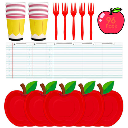 96 Pcs Back to School Plates and Napkins Set - Apple Disposable Tableware Kit, including Paper Plates, Napkins, Cups and Forks for All Grades First