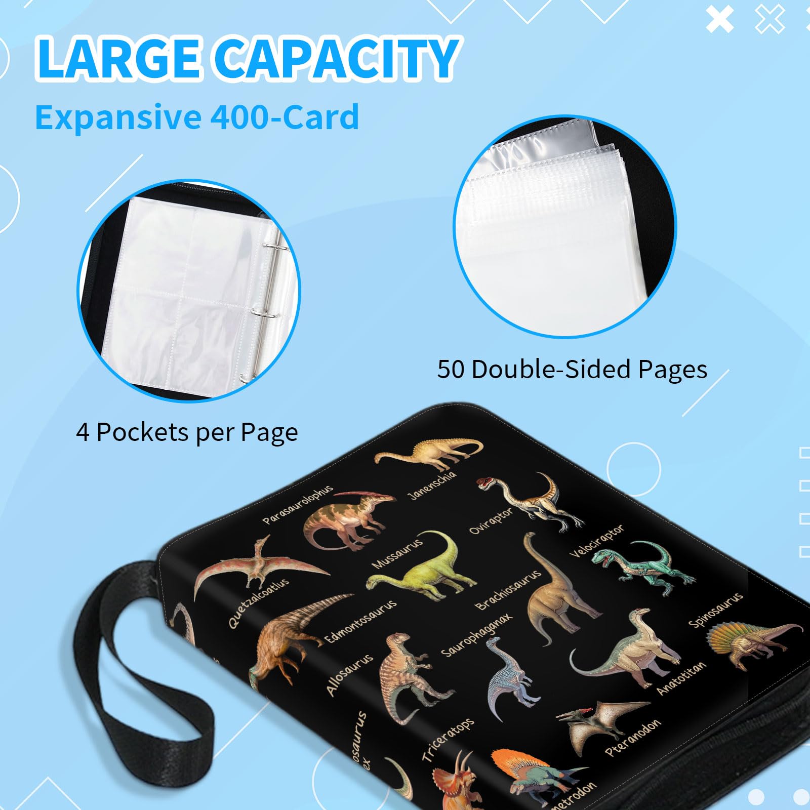 Dinosaur 4 Pocket Card Binder, 50 Page Trading Card Collection Binder for Dinosaur Lover, 3-Ring Removable Carrying Organizer Case Birthday Gift for