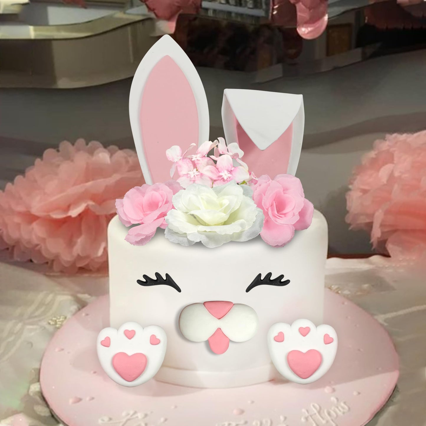12 PCS Bunny Cake Topper with Ear Foot Flower Eye Nose for Easter Bunny Rabbit Birthday Supplies (Pink)