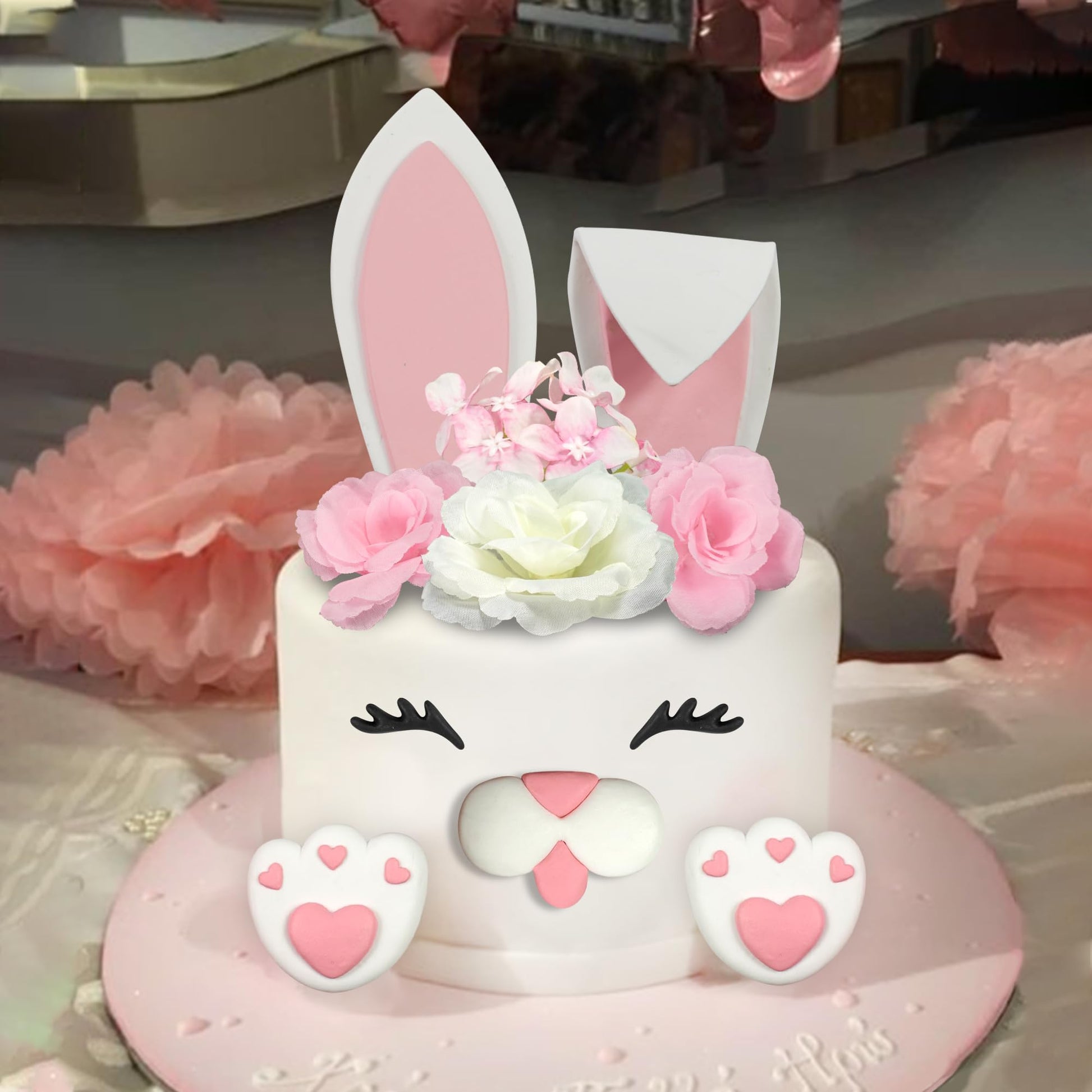 12 PCS Bunny Cake Topper with Ear Foot Flower Eye Nose for Easter Bunny Rabbit Birthday Supplies (Pink)