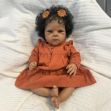 TFJS Lifelike Reborn Baby Dolls Black Girl Silicone Full Body 18 Inch Realistic Newborn Girl Brown Skin Weighted Real Life African American Baby Dolls
