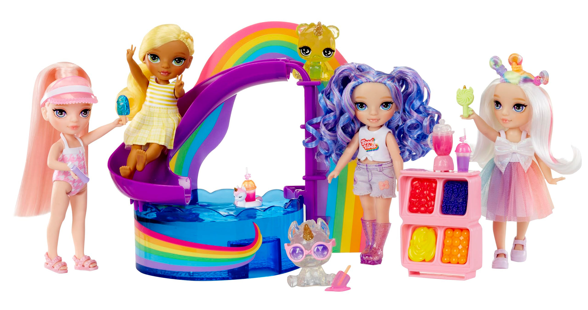 Rainbow High Littles Pool Day Playset + Small Doll (Pink 5.5”), Pool with Rainbow Slide, Accessories, Smoothie Stand, Kids Gift Ages 4+