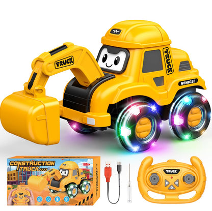 Toyjolka Toddler Remote Control Car with Flashing Light Wheels for 2 3 4 5 6 Year Old Boys Girls, USB Rechargeable Construction Excavator Toy