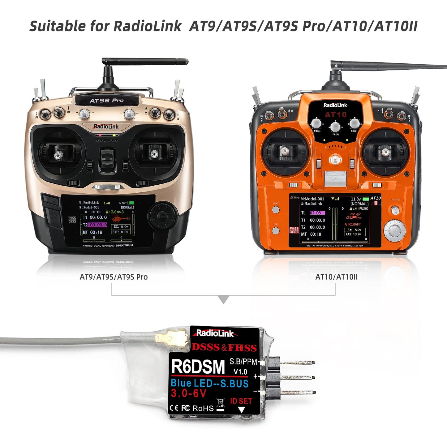 Radiolink R6DSM 2.4Ghz 10 Channels Micro RC Receiver SBUS/PPM for Mini FPV Racing Drone, Quadcopters Aircraft, AT9S AT9S Pro/AT10/AT10II Transmitter
