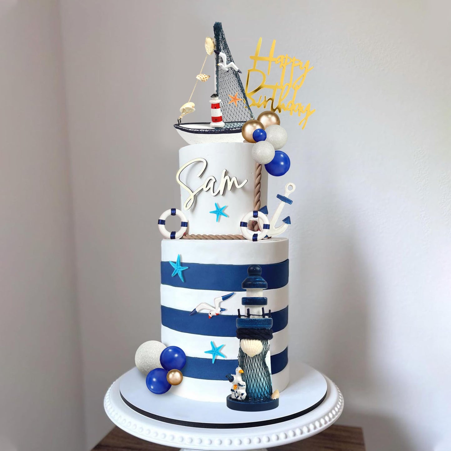 Nautical Cake Topper Ship Lighthouse Blue White Ball Cake Toppers Seagulls Anchor Rudder Cake Decorations for Nautical Theme Birthday (Style 01)