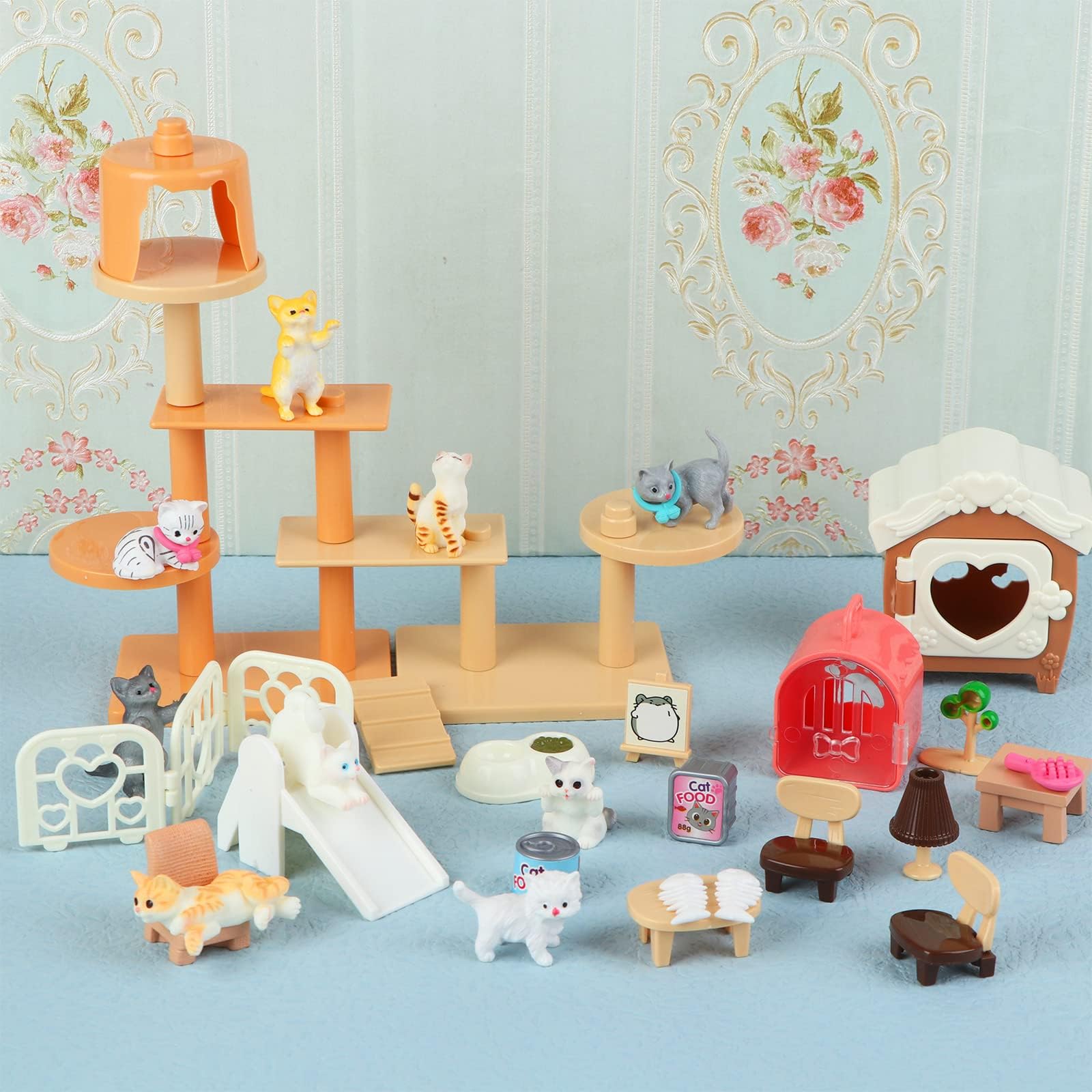 Beupy Cat Figures Playset Toy 40 Pack Pet Pretend Play Toys Realistic Cat Figurines Toys Plastic Cat Care Role Play Educational Learning Playset Home
