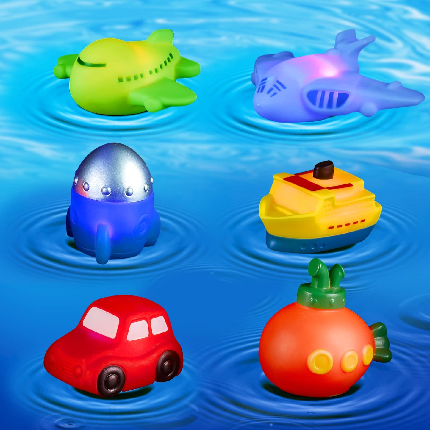 Light Up Bath Toys Transport Glowing Tub Toy with Auto Colourful Flashes Light 6pcs Floating Submarine Rocket Ship Car Airplane Aircraft Model Toy
