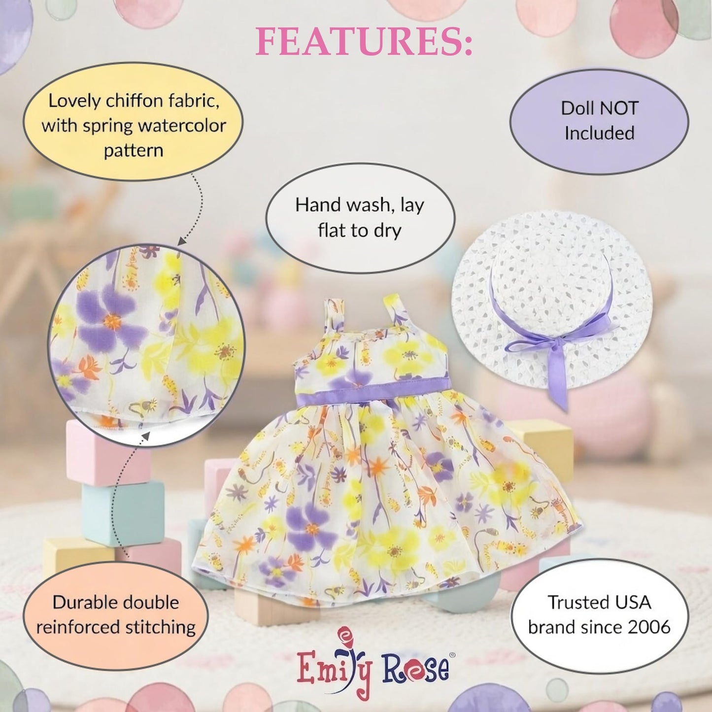 Emily Rose 14" Doll Easter/Spring Chiffon Dress with Matching White Hat | Floral Sundress Outfit | Fits WellieWishers & Similar 14-14.5" Fashion Dolls