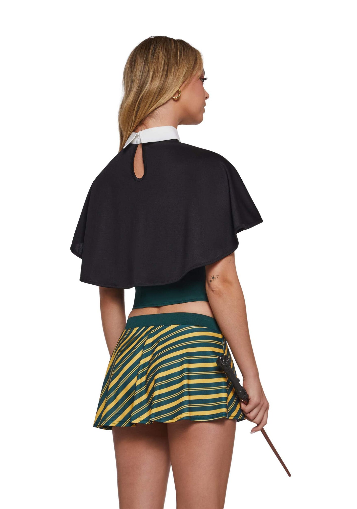Dolls Kill Sly Wizard Costume by Trickz N’ Treatz - Women’s Corset Top with Striped Skirt, Cape Shrug & Wand, Green, XX-Large