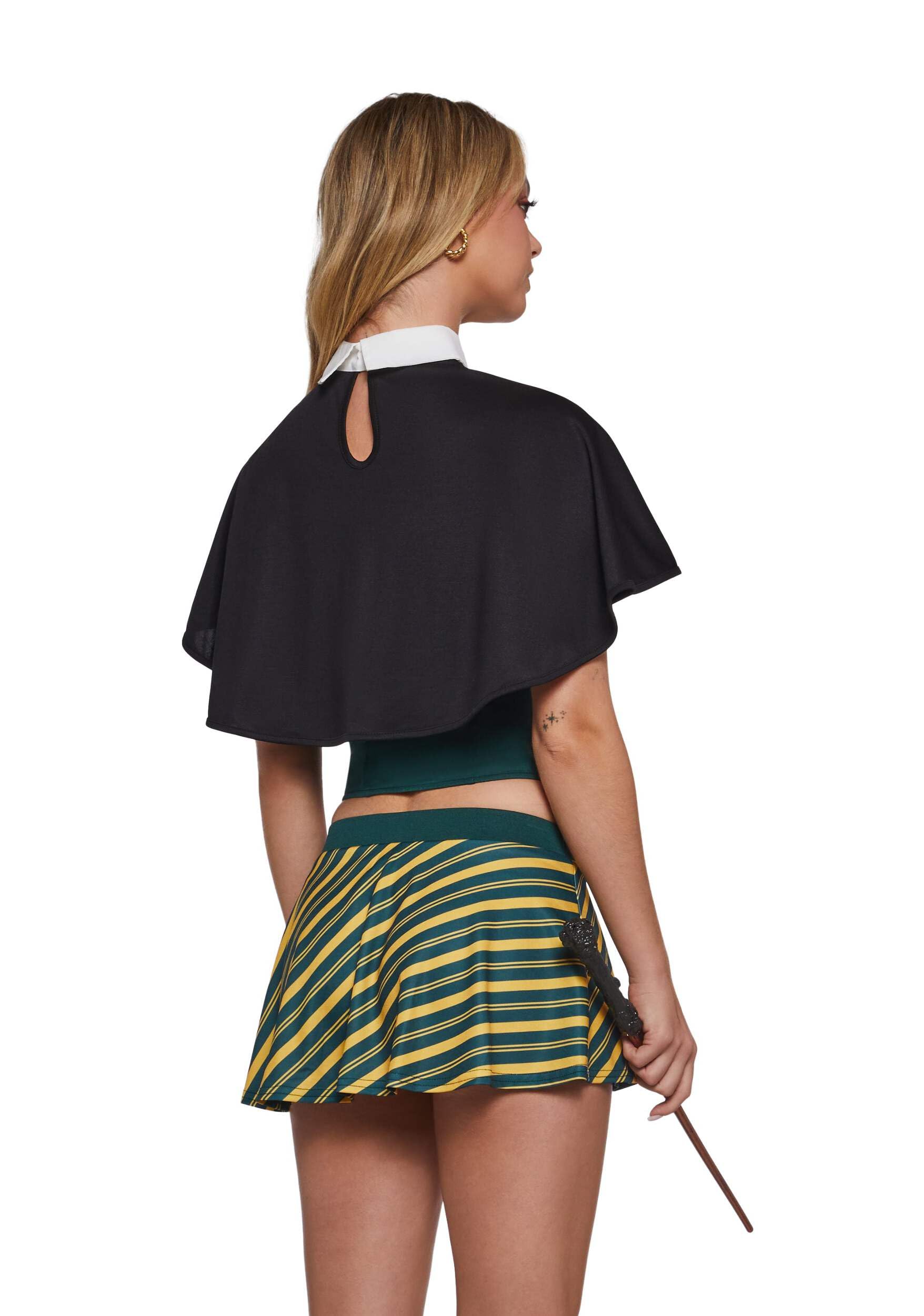 Dolls Kill Sly Wizard Costume by Trickz N’ Treatz - Women’s Corset Top with Striped Skirt, Cape Shrug & Wand, Green, XX-Large