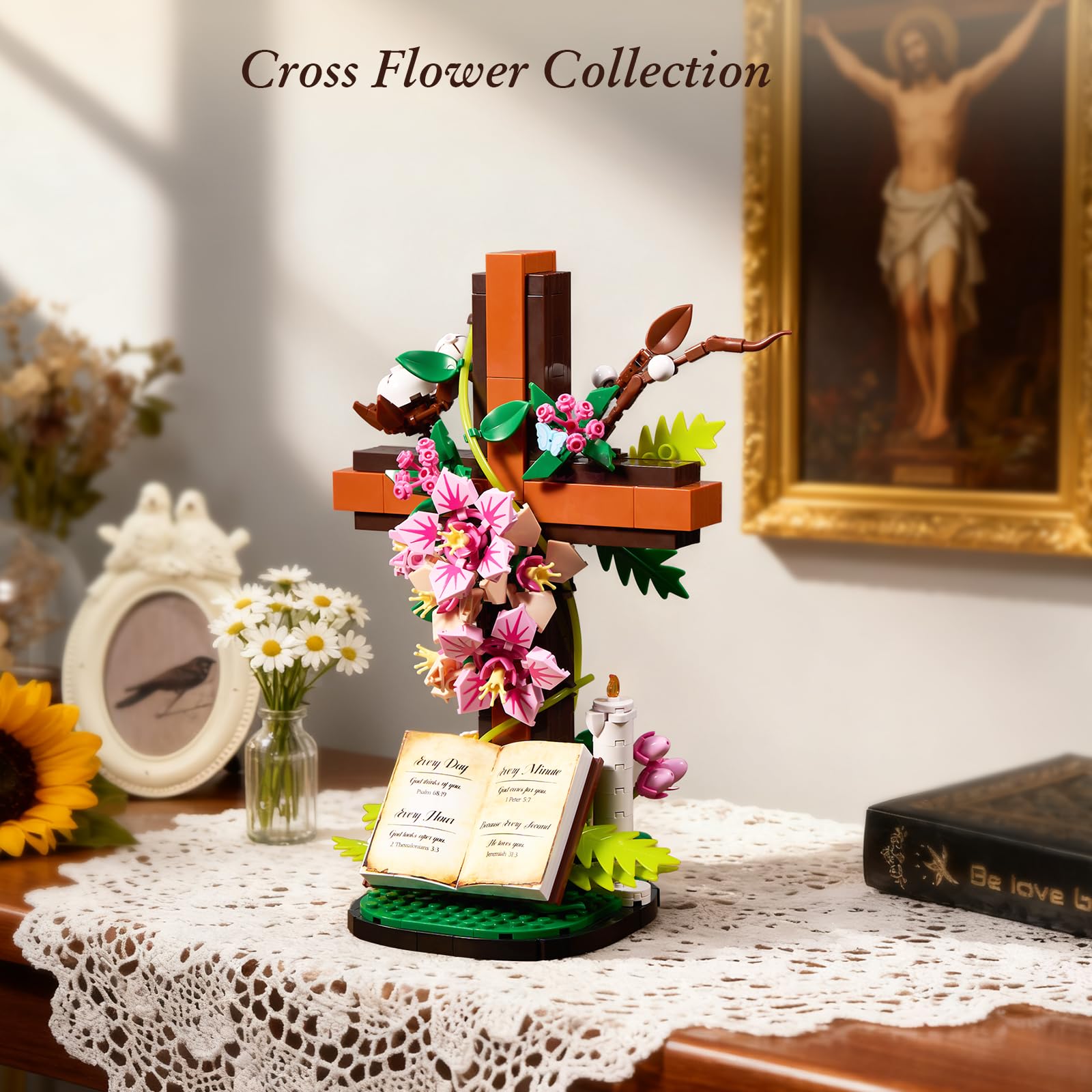 Jesus Cross Flower Building Set, Religious Cross Collectibles Compatible with Lego Botanicals Jesus Pink Catholic Building Toys,Christian Gift